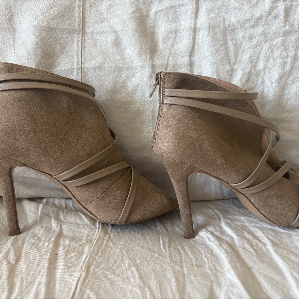 Taupe Faux Suede Strappy Peep Toe Heel Booties Size 8 | Nude Wrap Stiletto Heels